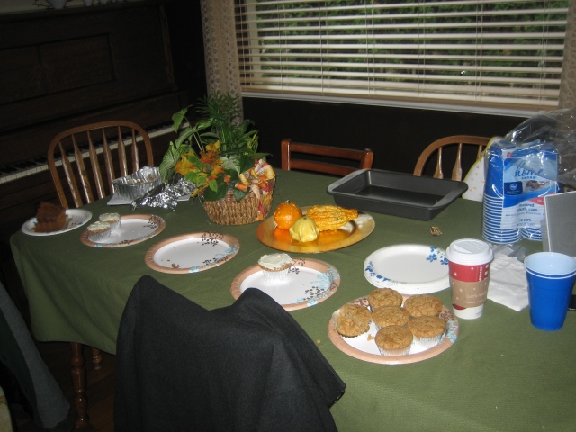 The delicious pumpkin bread on the left was from Kristen, and the empty plate used to hold apple muffins...